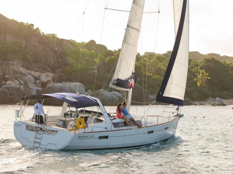 A Moorings sailboat on the water at BVI.